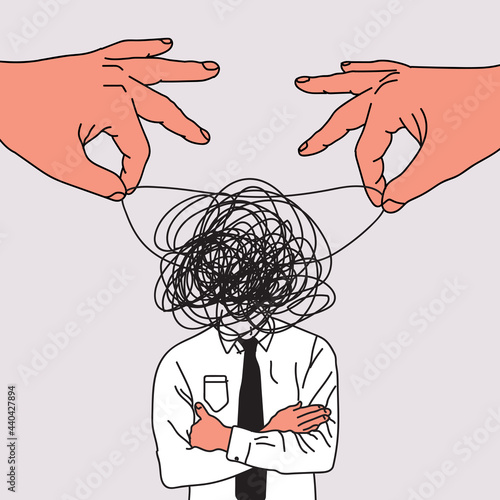 Mind manipulation concept illustration with puppet master hands confuses or manipulates thoughts of businessman or office clerk isolated on white background. Hand drawn styled vector illustration