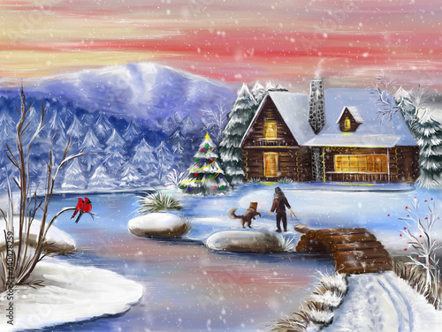 Christmas card snow house in the mountains with a boy and a dog.