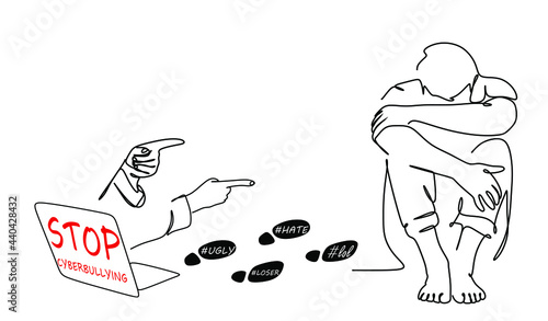 a line drawing of a person sitting on the floor and struggling because of cyberbullying. hands pointing from a laptop screen on social media pose a threat to the victim, a black mark with words of abu