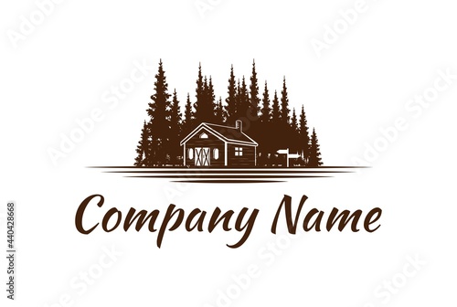 Wooden Cabin Chalet Barn Cottage with Pine Cedar Spruce Conifer Evergreen Fir Larch Hemlock Cypress Trees Forest Logo Design Vector