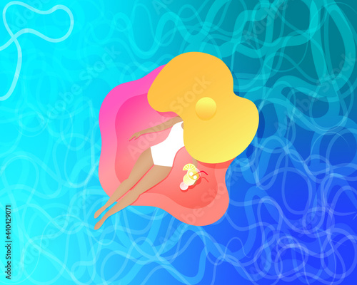 Women in hat relaxing on an inflatable mattress in swimming pool with cocktail top view. Summer vacation concept, pool party poster