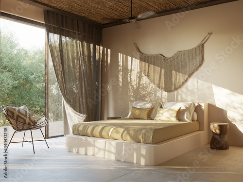 3d rendering of an atmospheric relaxed boheme Tulum style summer bedroom with textured plastering on the walls and a macrame wall decoration photo