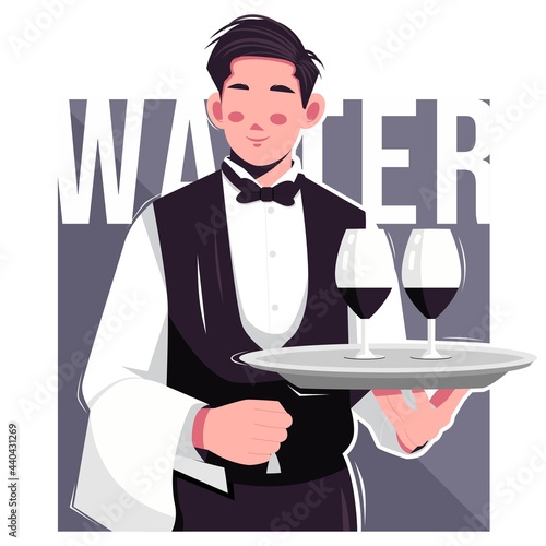 portrait of young waiter flat vector illustration