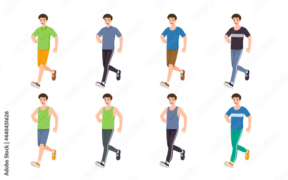 Flat design concept of man with different poses, presenting process gestures and actions. Vector cartoon character design set.