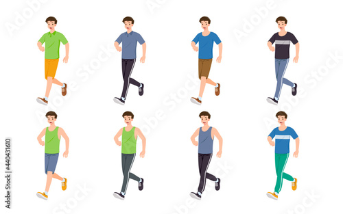 Flat design concept of man with different poses, presenting process gestures and actions. Vector cartoon character design set.