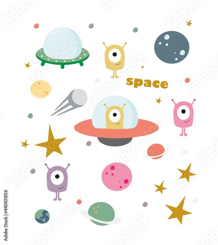 Vector illustration isolated on a white background in the cartoon style of clipart cosmos. Funny aliens, space saucers, planets, stars, comets, satellite, space inscription, spaceships