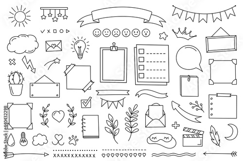 Doodle set hand drawn elements for diary, notebook and planner. Vector calendar for study and work. Collection of decorations frames and stickers from lines. Cute background design