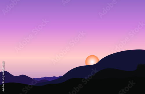 sunset and sunrise background on the top of hills, valleys and mountain ranges with a soft violet color. Vector illustration, eps
