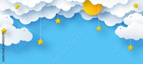 clouds and stars, the sun on a blue background, Children's illustration of the sky in a paper decorative style, 3d  photo