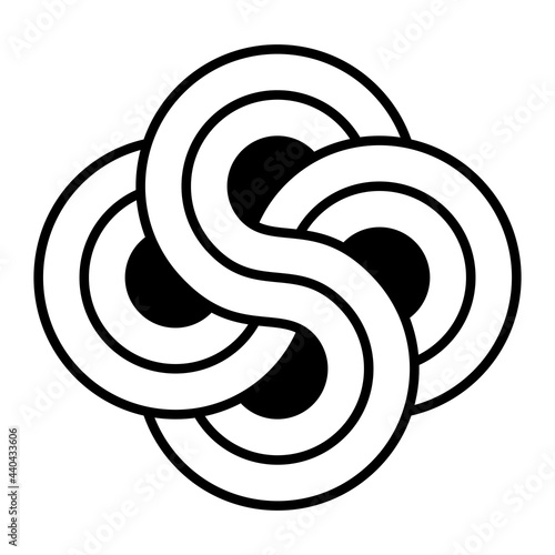 Two striped ribbons in the shape of a figure of eight, interlock and overlap, forming a meditative symbol and mandala. Modeled on a crop circle found in September 2020 in England. Illustration. Vector