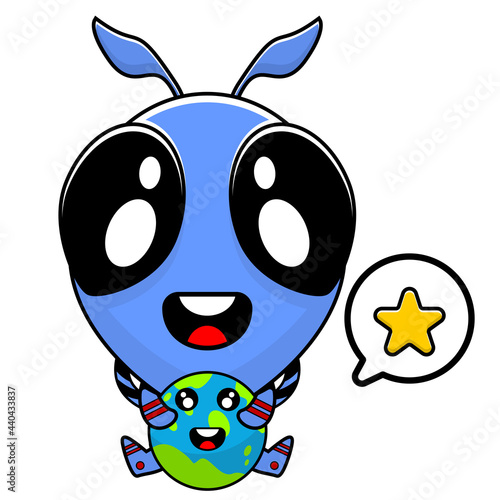 cute blue alien mascot cartoon character hugging earth