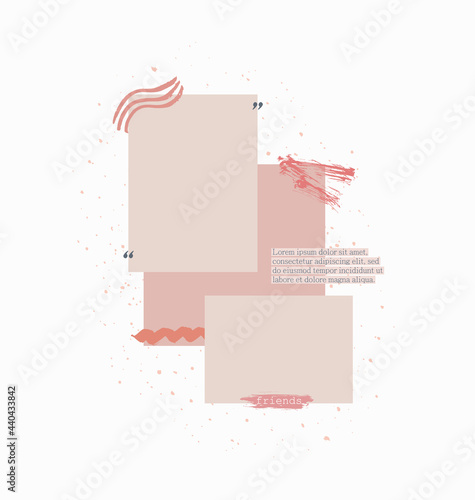 Creative template mood board with grunge, paint, text, brush stroke and blank frame in pastel colors. Minimalist mood board for photo album, magazine, poster, flyer. Presentation collage. Vector art