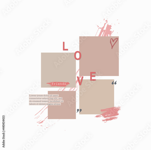 Creative mood board for presentation, journal, photo album in minimalist style with text, paint elements, and blank frame for photo. Mockup mood board grid arrangement for presentation. Vector art