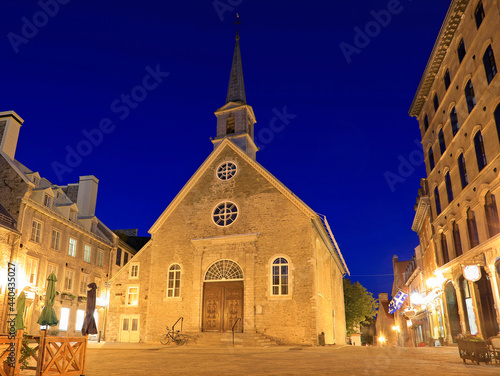 Place Royale in Old Quebec City illuminated at dusk, Canada photo