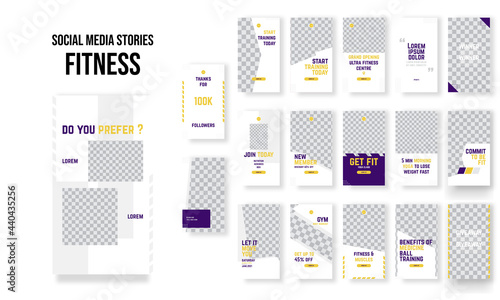 Set of editable social media instagram stories sport, workout, gym, yoga, fitness with yellow and purple design vector template
