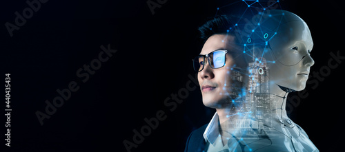 Businessman and digital world AI robot technology. Business finance investment with big data technology concept cyber space digital world metaverse background