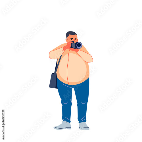 Press Photographer journalist taking photographs, documenting protest march through streets, demonstration against n unjust government. Flat style character vector illustration isolated on white
