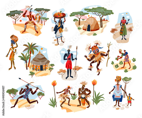 African tribal people set. Men and women, children in tribe vector illustration. Girls with harvest, food, children, guys with spears, music instruments. Traditional huts and elements