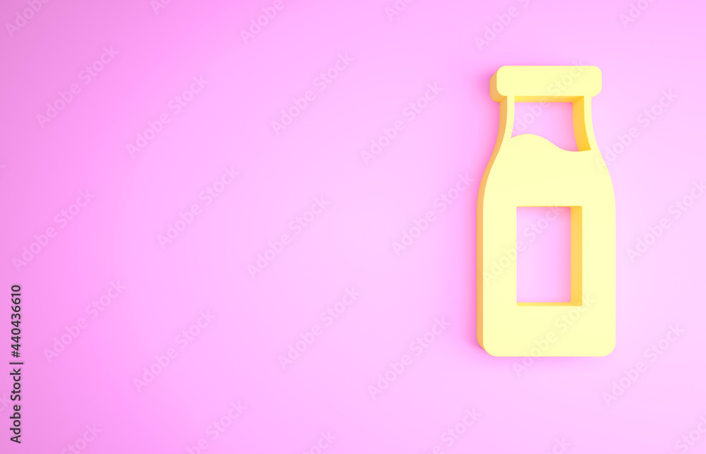 Yellow Closed glass bottle with milk icon isolated on pink background. Minimalism concept. 3d illustration 3D render Yellow Closed glass bottle with milk icon isolated on pink background. Minimalism concept. 3d illustration 3D render