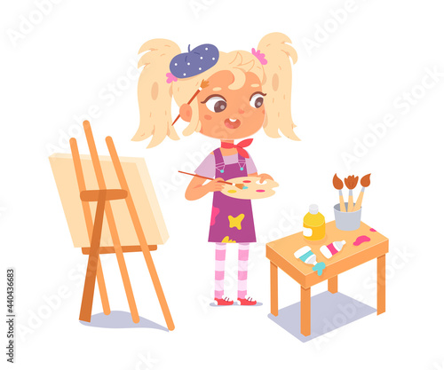 Girl artist painting. Little child drawing picture of flowers on canvas on easel with brushes, watercolours, palette vector illustration. Creating art activity isolated on white background