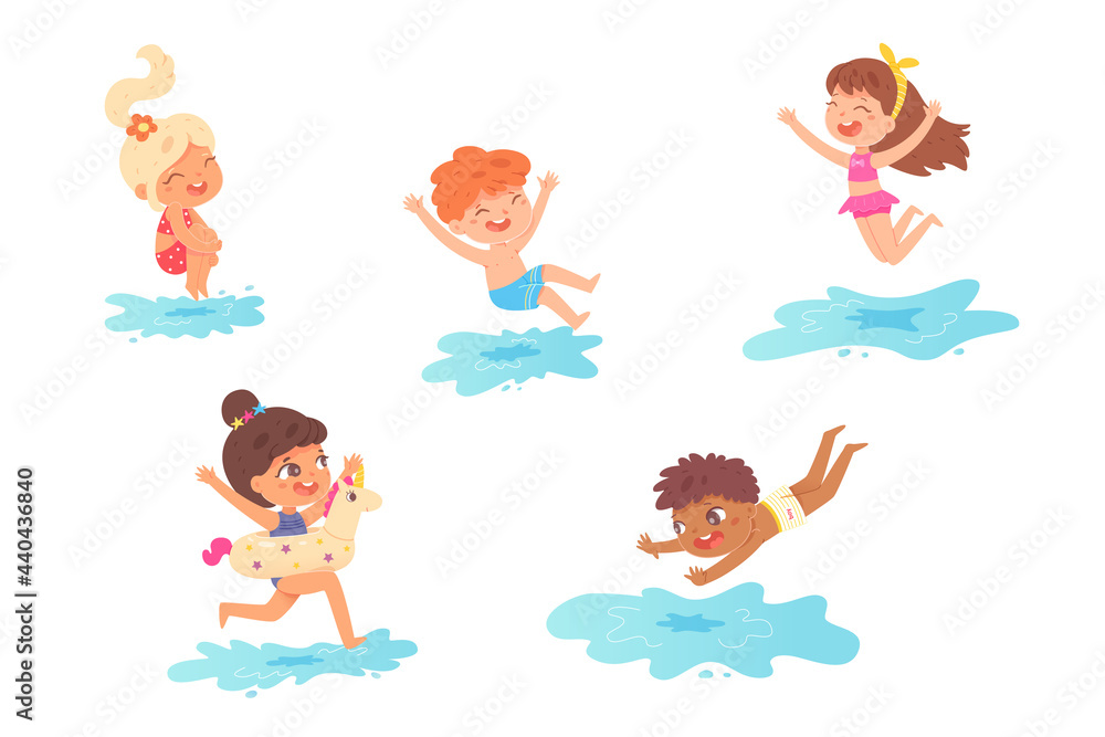 Children jumping into water on summer vacations set. Little boys and girls having fun vector illustration. Kids spending holidays in seaside or swimming pool on white background Children jumping into water on summer vacations set. Little boys and girls having fun vector illustration. Kids spending holidays in seaside or swimming pool on white background