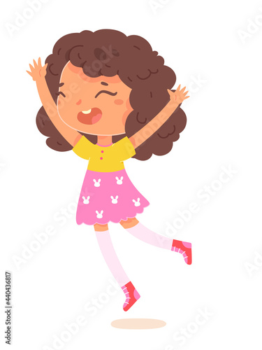 Happy birthday, girl celebrating at party. Cute child having fun vector illustration. Little kid smiling and jumping with arms up, laughing isolated on white background