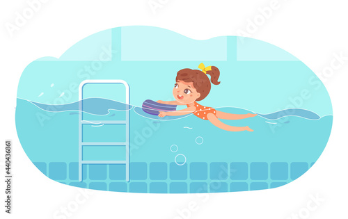 Little girl learning to swim in swimming pool. Child holding board in blue water vector illustration. Swimmer exercising in class, ladder nearby. Little happy kid in swimwear