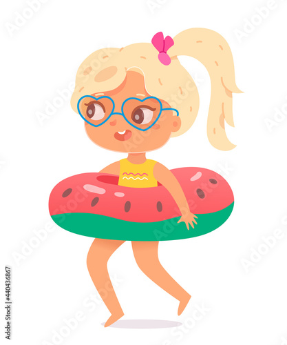 Girl running on summer vacations. Little child having fun in inflatable float vector illustration. Kid spending holidays in seaside or swimming pool on white background