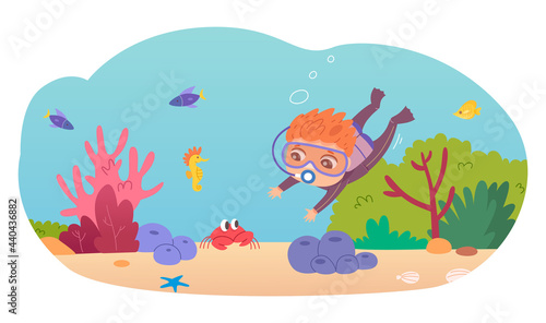 Little boy swimming underwater in sea. Child in water having fun in summer vector illustration. Happy kid in goggles diving and looking at fish and sea life  corals  animals