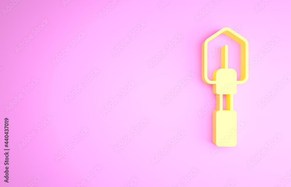 Yellow Shovel icon isolated on pink background. Gardening tool. Tool for horticulture, agriculture, farming. Minimalism concept. 3d illustration 3D render