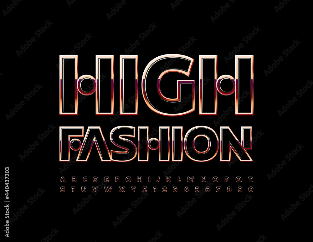 Vector chic sign High Fashion. Shiny Black and Gold Font. Abstract style Alphabet Letters and Numbers set
