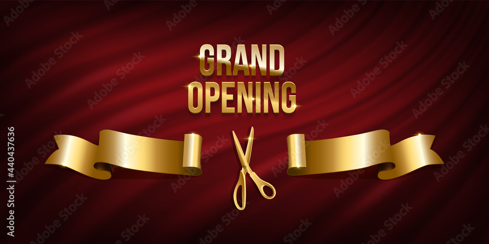 Gold scissors cut red ribbon. Grand opening ceremony, ceremonial