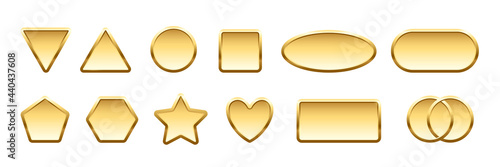 Gold badges different shapes set. Golden banners, icons, emblems design vector illustration. Glossy square, triangle, oval, heart, rectangle, star, circle signs with frames on white background
