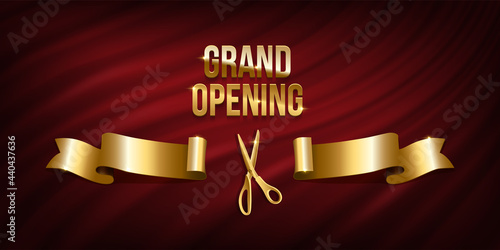 Golden scissors cut ribbon realistic illustration. Grand opening ceremony symbols, 3d accessories on red curtain background. Traditional ritual before launching new business, campaign.