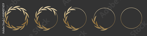 Golden laurel wreath round frame set. Gold rings with leaves, circle award logo or emblem vector illustration. Roman circular badge for anniversary, wedding, award isolated on gray background