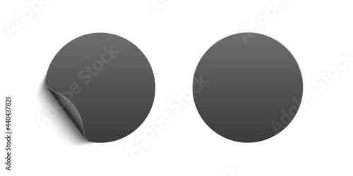 Black glued circle stickers curling set. 3d blank paper labels vector illustration. Wrinkled crumpled badge with peel effect and good even on white background