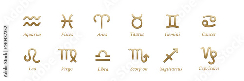 Golden zodiac signs with names set on white background. Astrology symbols and horoscope vector illustration. Shiny metal aquarius, pisces, aries, taurus, gemini, cancer, leo, virgo, scorpion