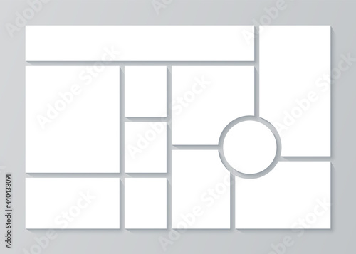 Photo collage grid. Moodboard template. Vector. Mood board. Mosaic frames. Photomontage pictures layout. Album design. Branding presentation. Minimalistic illustration. Horizontal mockup.