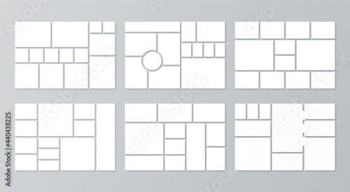 Collage grid. Moodboard templates. Vector. Mood board. Photomontage pictures layout. Set mosaic frames. Album design. Branding presentation. Horizontal mockup. Simple illustration.