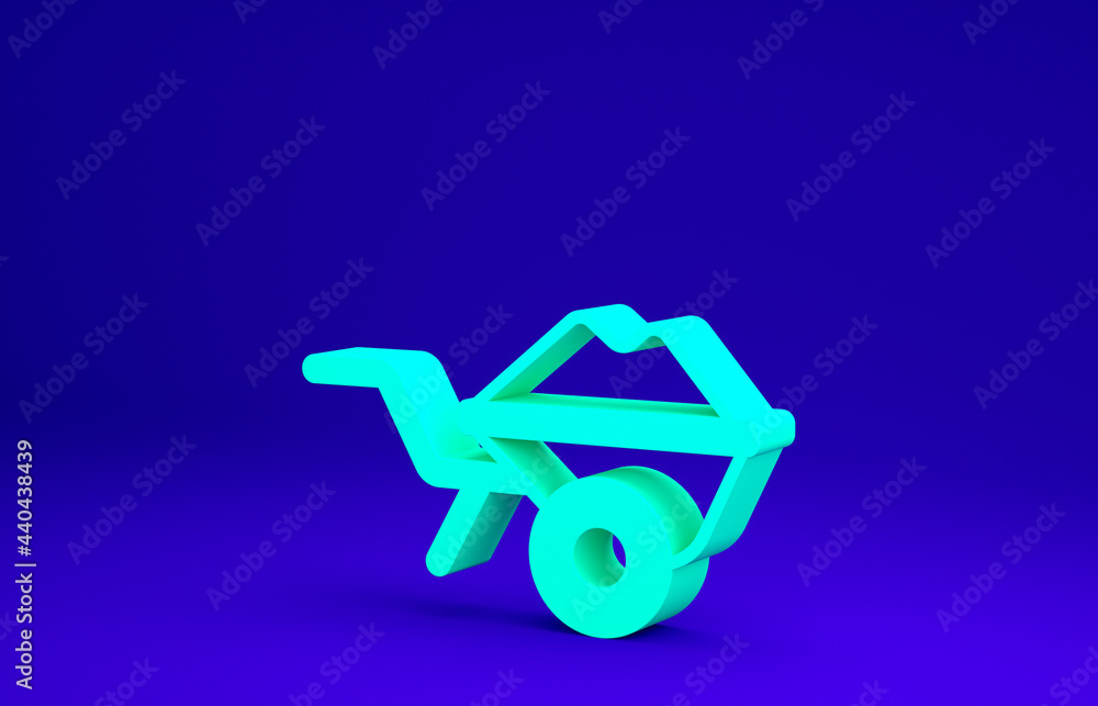 Green Wheelbarrow with dirt icon isolated on blue background. Tool equipment. Agriculture cart wheel farm. Minimalism concept. 3d illustration 3D render Green Wheelbarrow with dirt icon isolated on blue background. Tool equipment. Agriculture cart wheel farm. Minimalism concept. 3d illustration 3D render