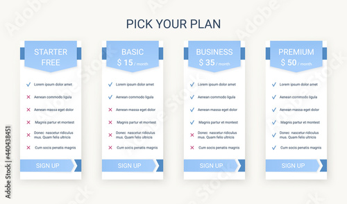 Price table template. Comparison chart layout. Vector. Pricing data grid. Spreadsheet page with 4 columns. Comparative subscription. Purchase menu with options. Checklist tariff. Simple illustration.