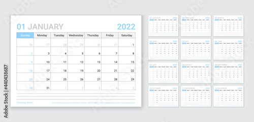 Calendar for 2022 year. Planner template. Week starts Sunday. Vector. Monthly calender organizer. Table schedule grid with 12 month. Corporate yearly diary layout. Horizontal simple illustration.