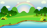 Flat design spring landscape illustrated with rainbow.