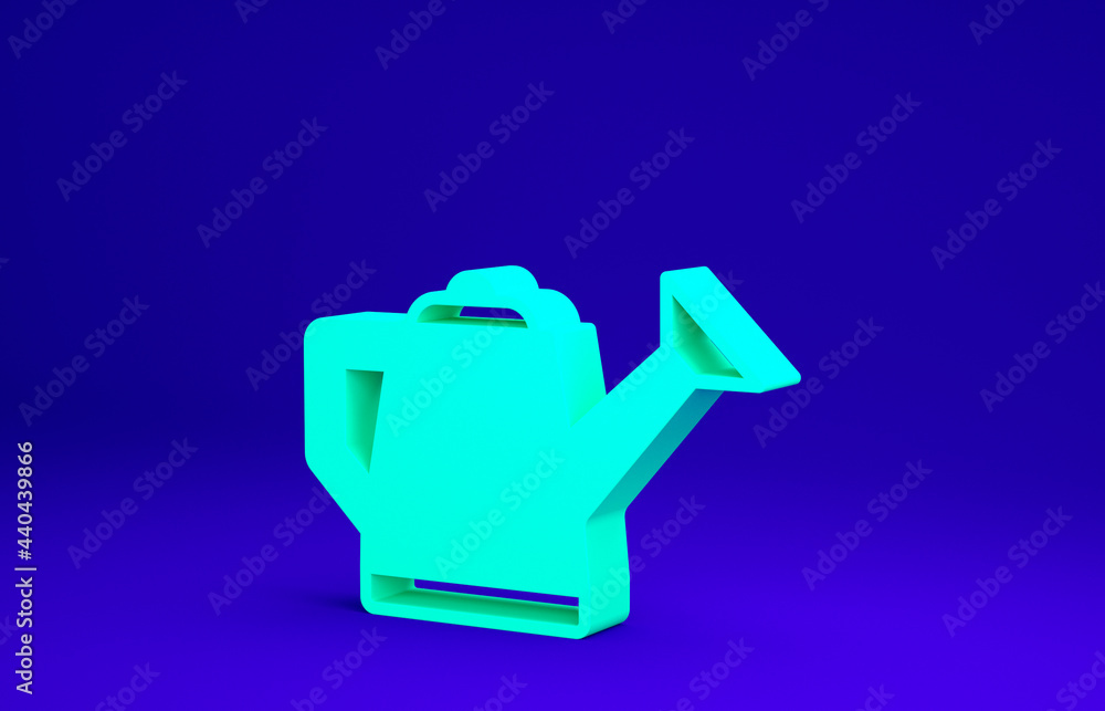 Green Watering can icon isolated on blue background. Irrigation symbol. Minimalism concept. 3d illustration 3D render Green Watering can icon isolated on blue background. Irrigation symbol. Minimalism concept. 3d illustration 3D render