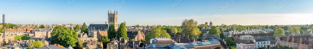 Cambridge city aerial panorama overlooking tower of great St. Mary's church. England