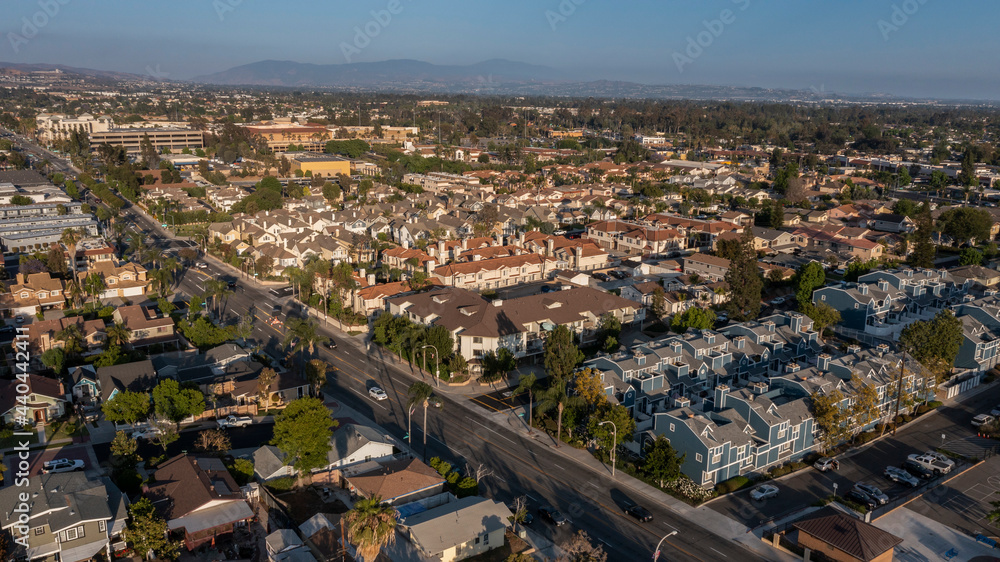Sunset aerial view of the downtown urban core of Brea, California, USA.