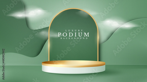 3d podium gold and clouds with paper cut style scene element. luxury abstract background. cylinder shape podium for show product or stage for award ceremony. vector illustration.