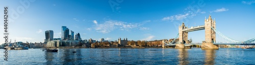 Tower Bridge panorama seen from south Bank of river Thames in London