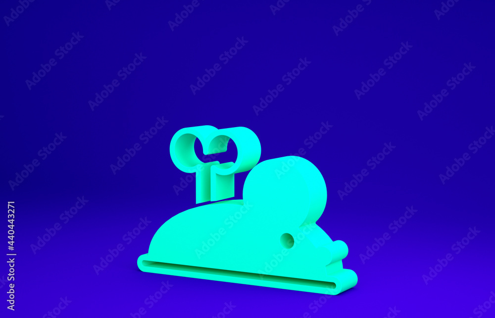 Green Clockwork mouse icon isolated on blue background. Wind up mouse toy. Minimalism concept. 3d illustration 3D render Green Clockwork mouse icon isolated on blue background. Wind up mouse toy. Minimalism concept. 3d illustration 3D render