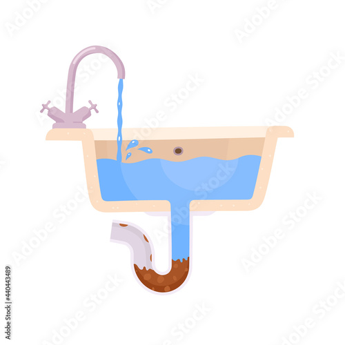 Kitchen sink. A blockage in the sink. A plumbing problem. Vector illustration in a flat cartoon style.